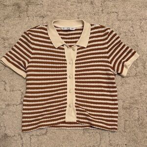Mango Striped Knit Polo in Cream and Rust